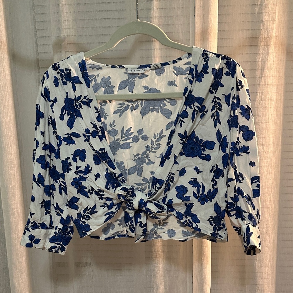Floral Print Tie-Front Linen-Blend Top
